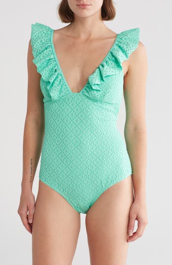 Betsey Johnson Ruffle One-piece Swimsuit In Biscay Green