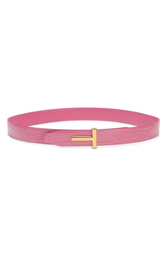 Tom Ford T Icon Reversible Croc Embossed Patent Leather Belt In Pink