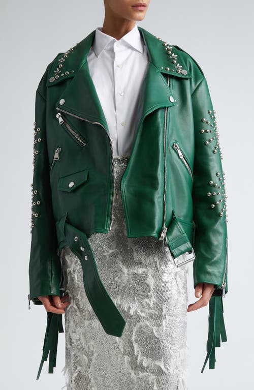 Studded Oversize Leather Biker Jacket in Green