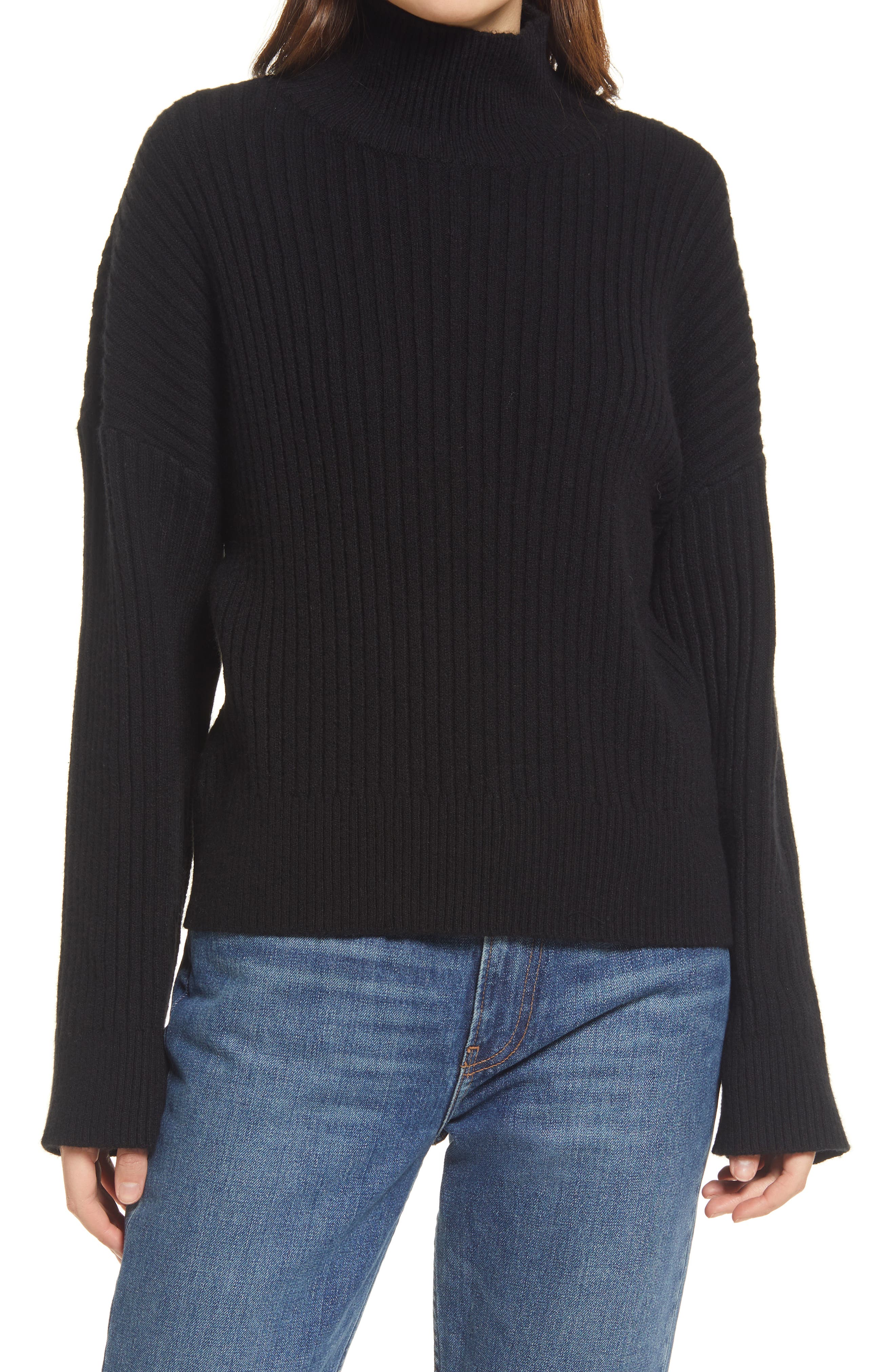 ribbed black turtleneck sweater