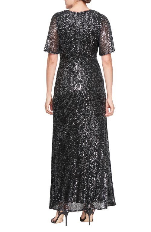 Shop Sl Fashions Sequin Flutter Sleeve Gown In Black Silver