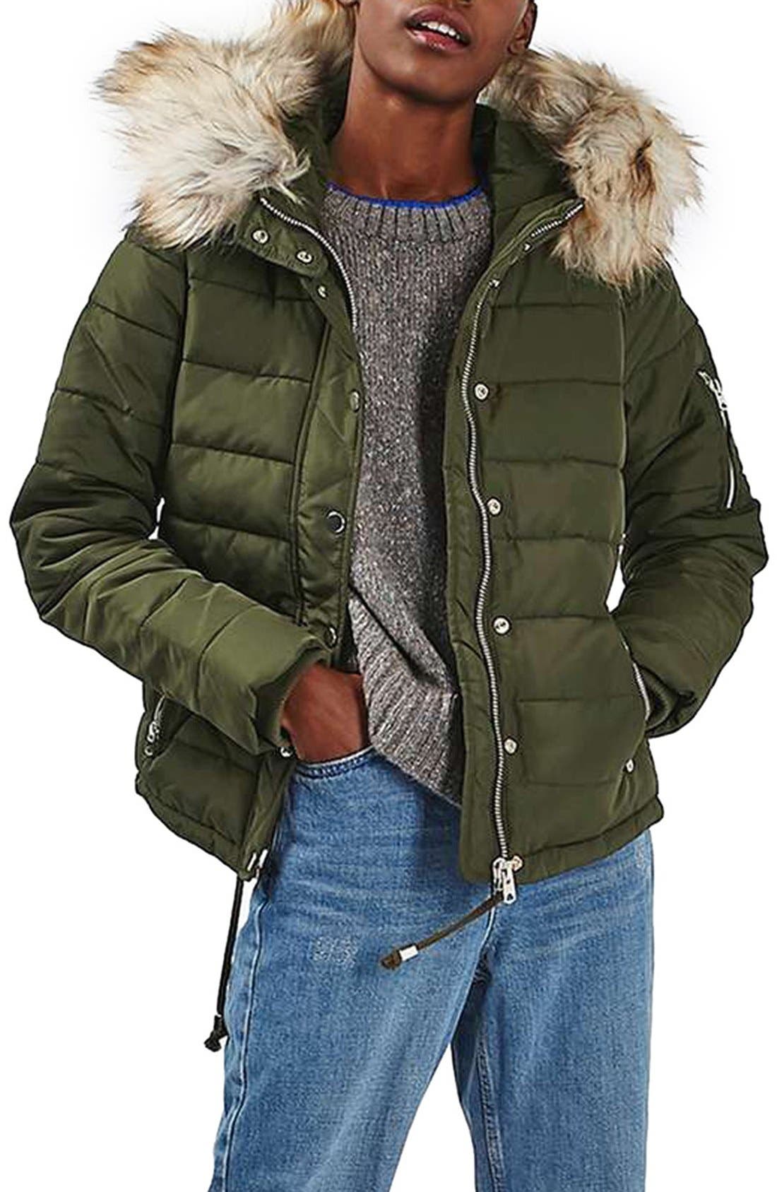 green puffer jacket with fur hood