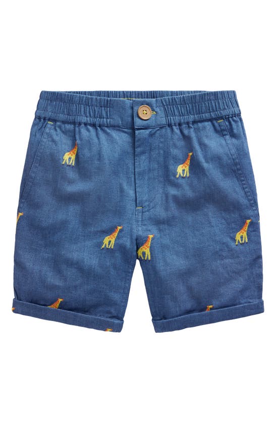 Shop Mini Boden Kids' Giraffe Embroidered Linen & Cotton Roll-up Shorts In Chambray Giraffe Embroidery