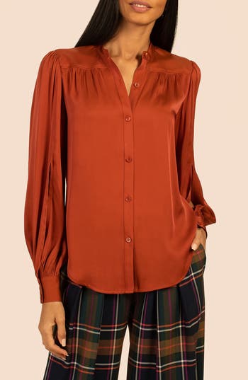 Shop Trina Turk Valin Silk Blend Button-up Shirt In Cinnamon