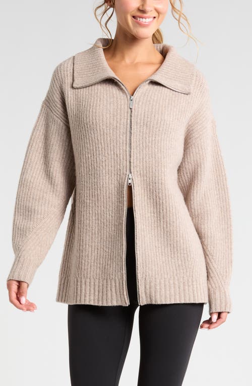 Shop Zella Cozy Knit Zip-up Cardigan In Taupe Heather