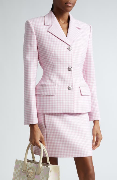 Versace Gingham Virgin Wool Blazer in Pastel Pink White at Nordstrom, Size 6 Us