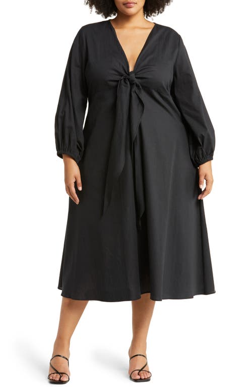 Novella Knot Front Long Sleeve Midi Dress in Black