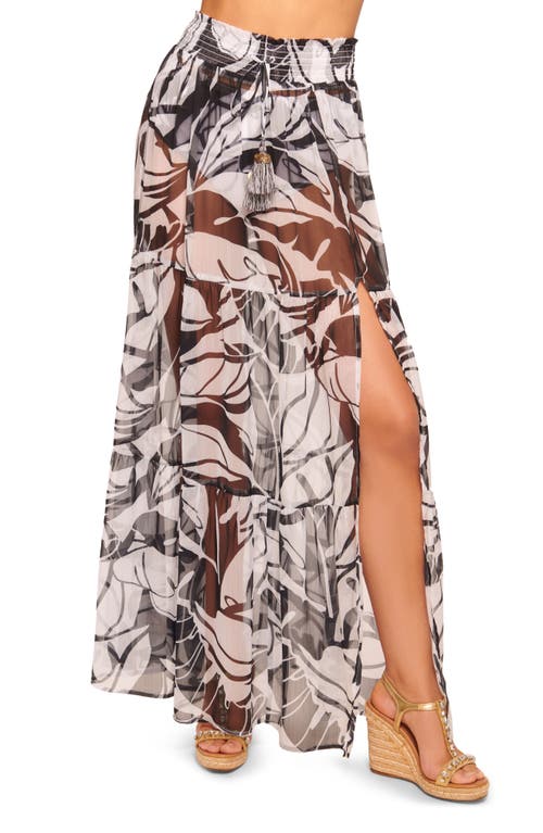 Cecelia Semisheer Cover-Up Maxi Skirt in Black/White Exotic Palm Print