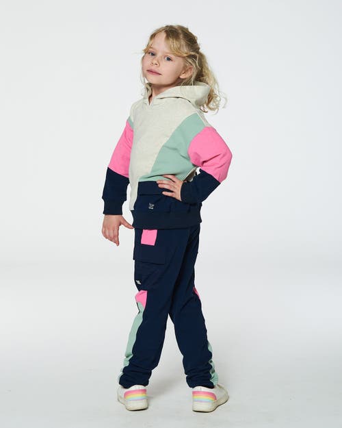 Shop Deux Par Deux Girl's Hooded Sweatshirt Colorblock Beige, Navy And Pink In Multicolor