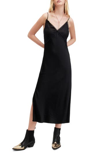 Allsaints Immy Lace Trim V-neck Midi Slip Dress In Black