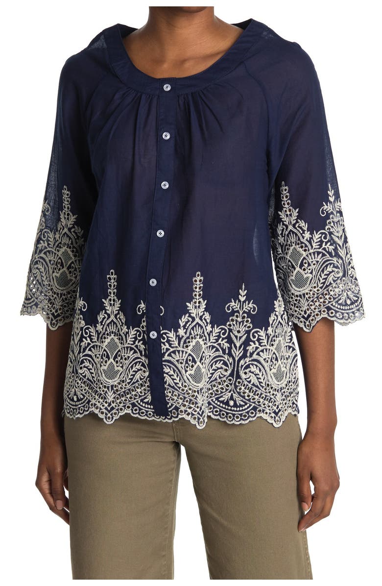 FORGOTTEN GRACE Button Front 3/4 Sleeve Embroidered Blouse, Main, color, NAVY