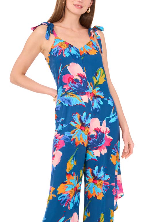 Shop Vince Camuto Floral Tie Shoulder Wide Leg Crop Jumpsuit In Classic Navy