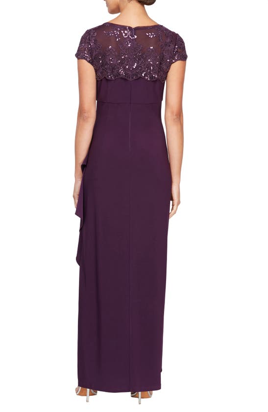 Alex Evenings Embroidered Cascade Ruffle Cap Sleeve Gown In Eggplant