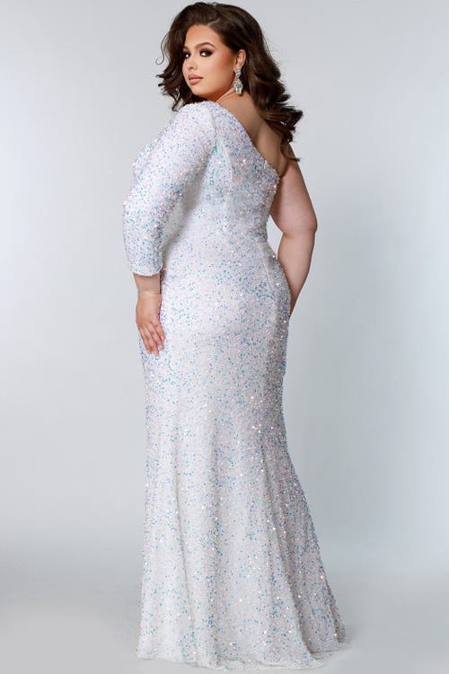 Sydney's Closet One-shoulder Long Sleeve Sequin Plus Size Gown In Pearlescent