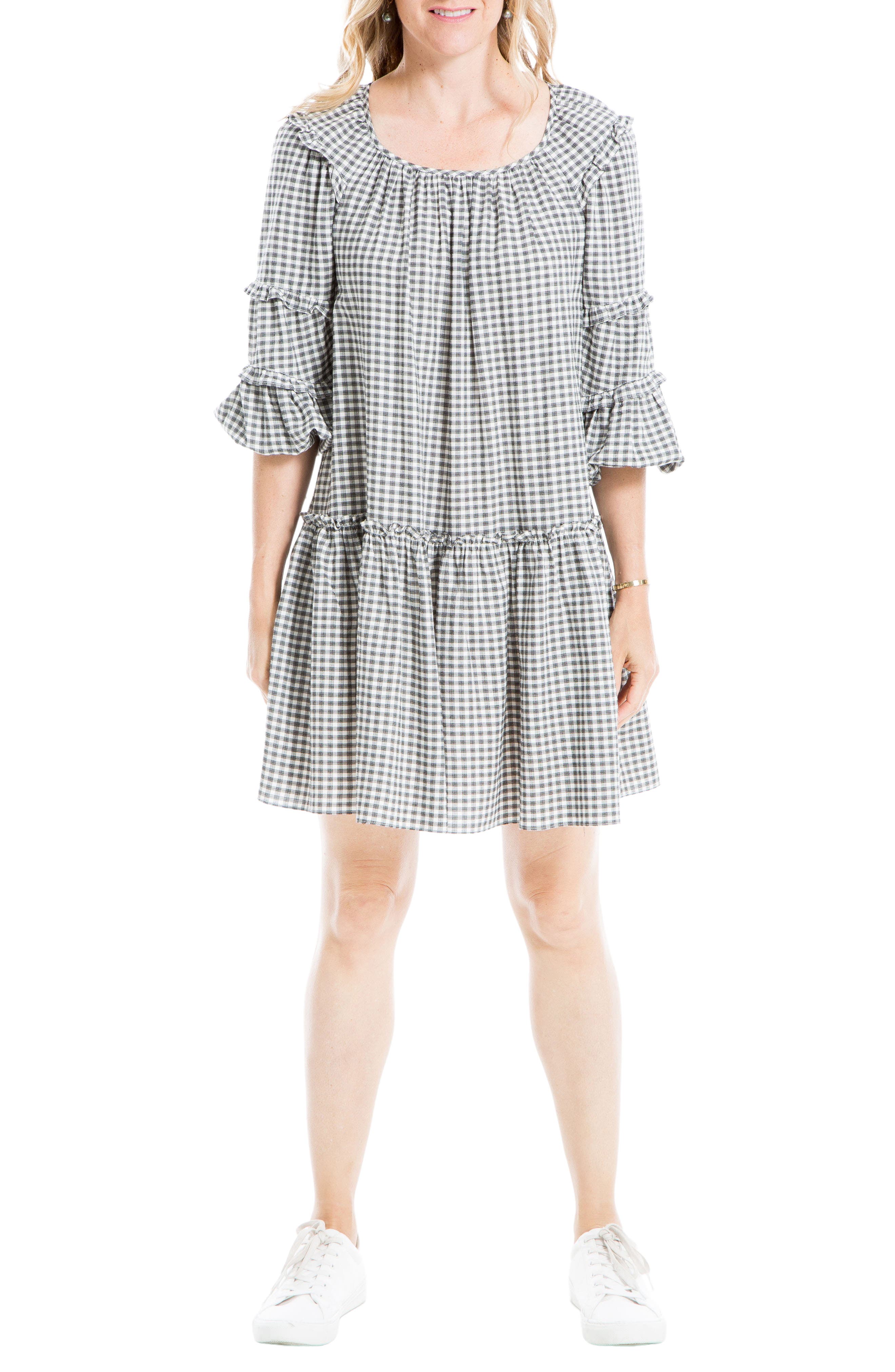 Max Studio 3/4 Length Sleeve Gingham Print Tiered Mini Dress In Bkcrmt13