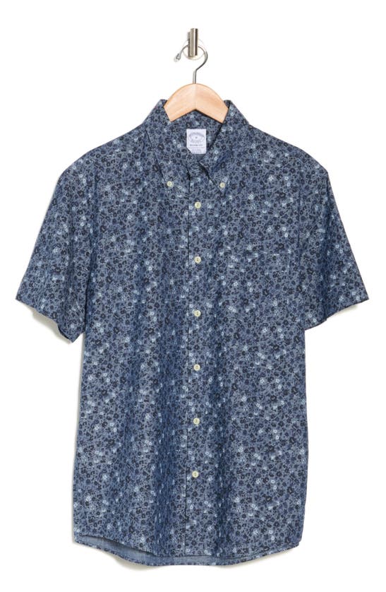 Brooks Brothers Floral Print Short Sleeve Chambray Shirt In Chambray Floral