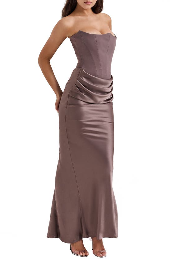 Shop House Of Cb Persephone Strapless Satin Corset Cocktail Dress In Pebble Grey