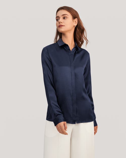 Lilysilk Basic Concealed Placket Silk Shirt In Navy Blue