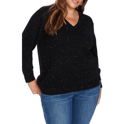 Plus Size Court & Rowe Speckled V-Neck Cotton & Wool Blend Sweater, Black