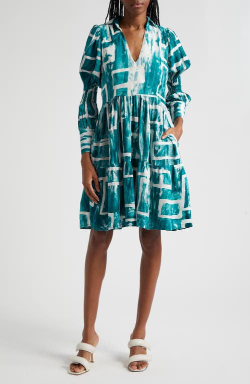 BUSAYO Wande Long Sleeve A-Line Dress White/Green at Nordstrom,