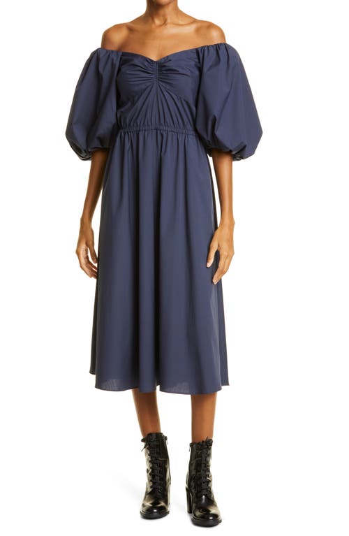 Collection Off the Shoulder Balloon Sleeve Poplin Midi Dress in Navy