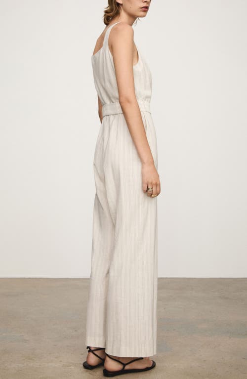 Shop Mango Stripe Tie Belt Jumpsuit In Off White