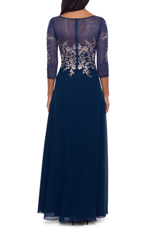 Betsy & Adam Petite Floral-embroidered Mesh Gown In Navy/rose