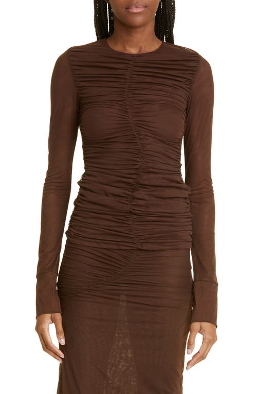 SIR Jacques Ruched Long Sleeve Mesh Top in Chocolate