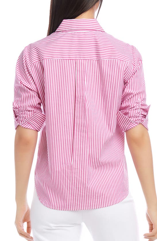 Shop Karen Kane Stripe Ruched Sleeve Cotton Button-up Shirt In Pink Stripe