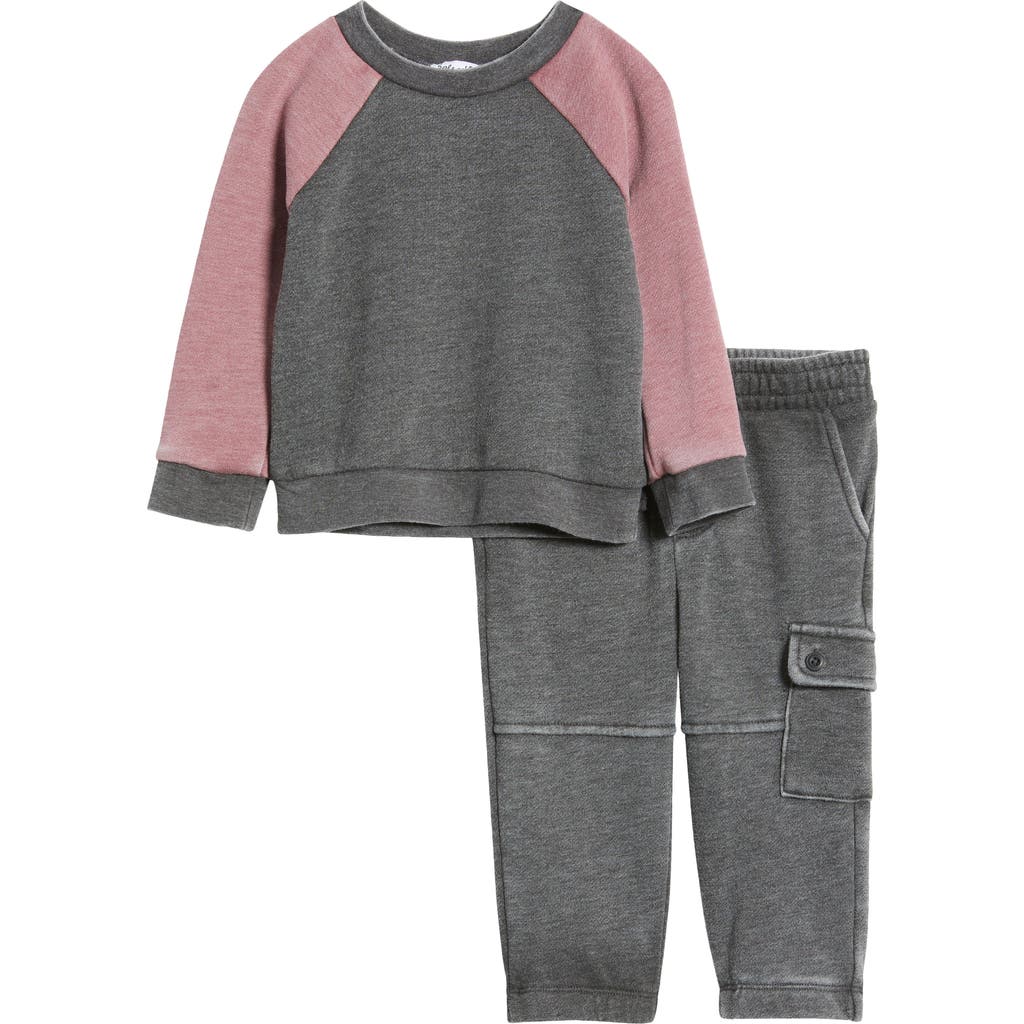 Splendid Raglan Sleeve Sweatshirt & Cargo Pants Set In Burgundy/grey