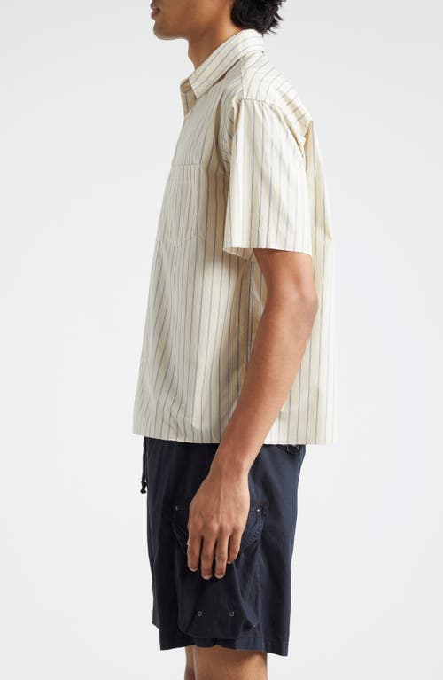 Shop John Elliott Stripe Short Sleeve Cotton Poplin Button-up Shirt In Tan X Blue