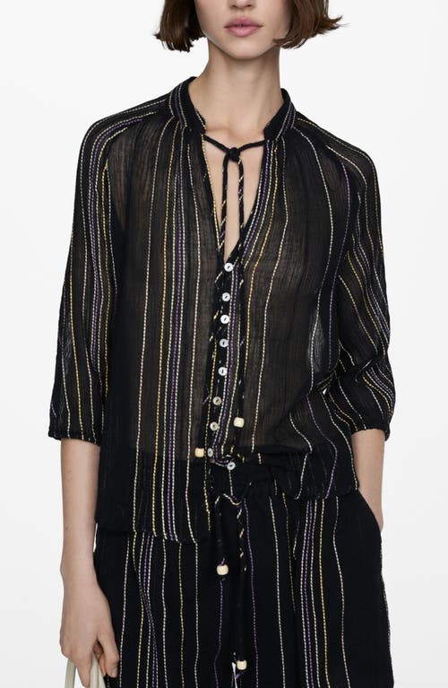 Shop Mango Stripe Tie Neck Shirt In Black