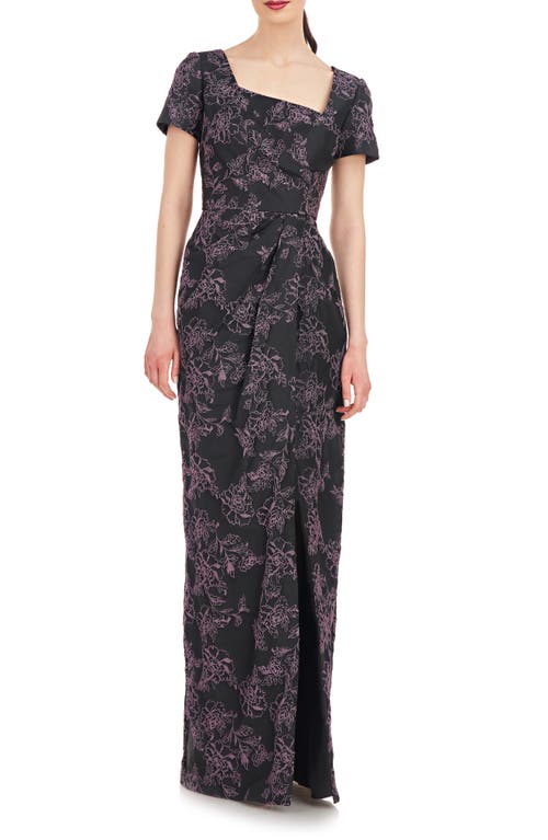 Rosalyn Floral Short Sleeve Column Gown in Black/Dark Lavender