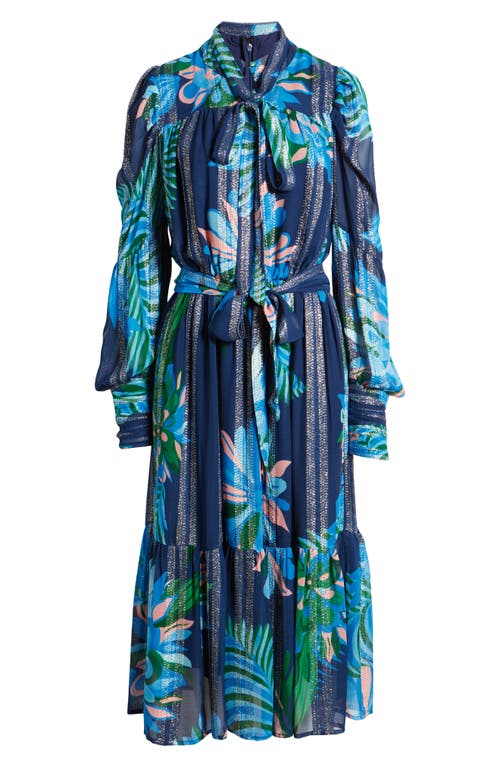 Shop Ciebon Adele Metallic Long Sleeve Midi Dress In Blue Multi