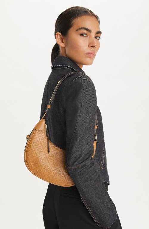 Tory Burch T-monogram Embossed Crescent Shoulder Bag In Tan