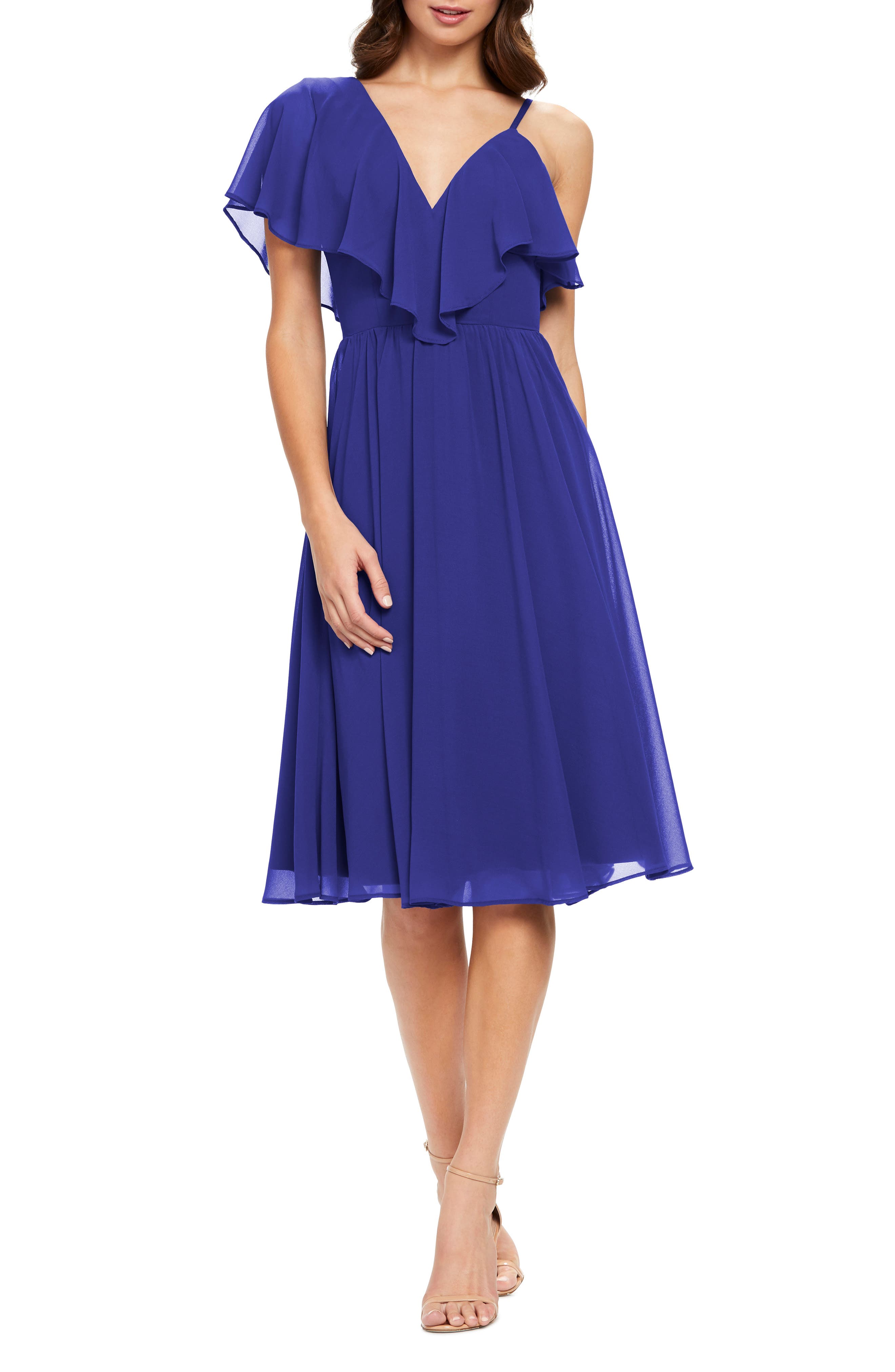 Dress The Population Claudia Asymmetrical Ruffle Cocktail Dress, Blue