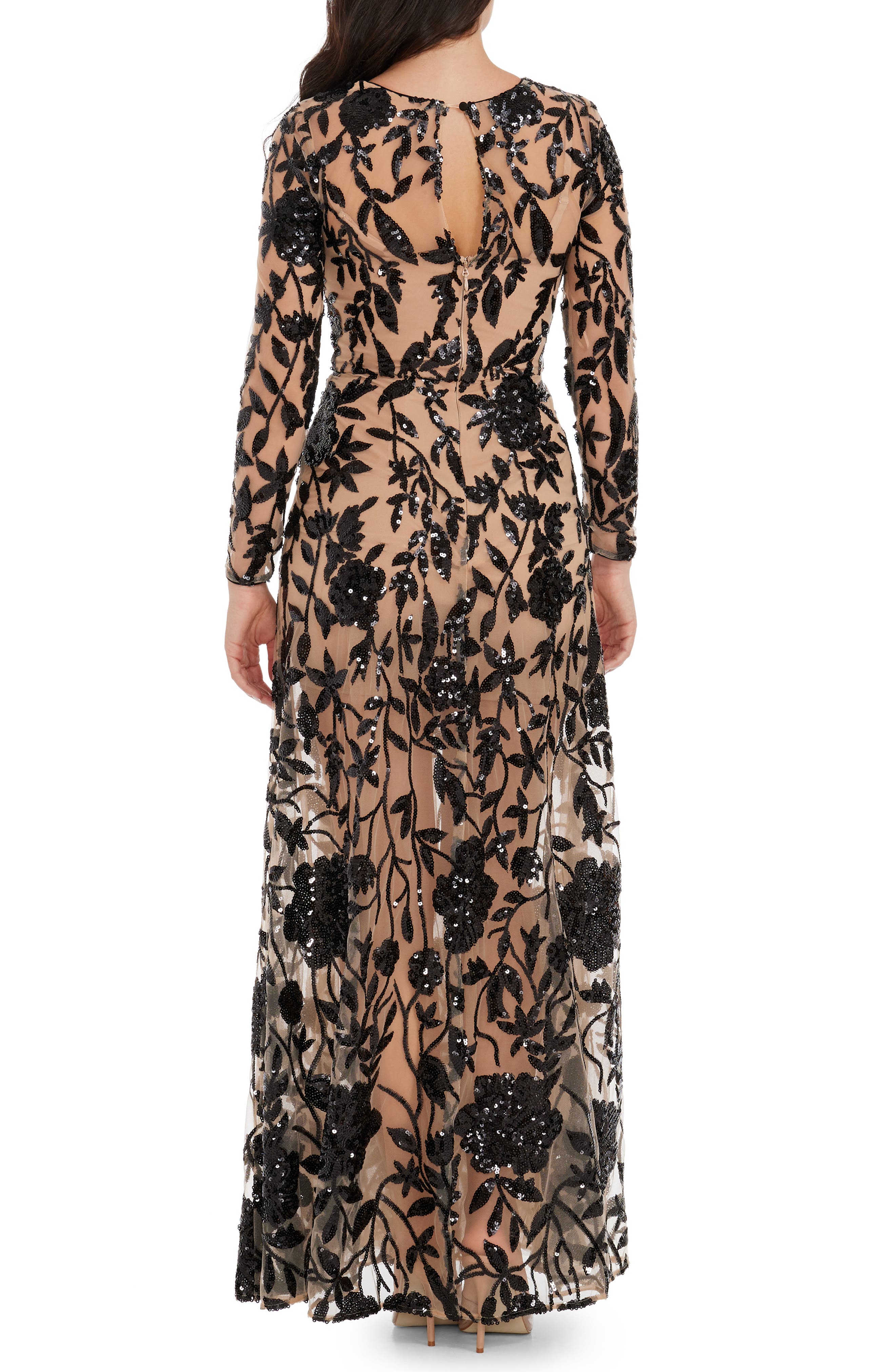Dress the Population Ava Sequin Floral Embroidered Long Sleeve Gown
