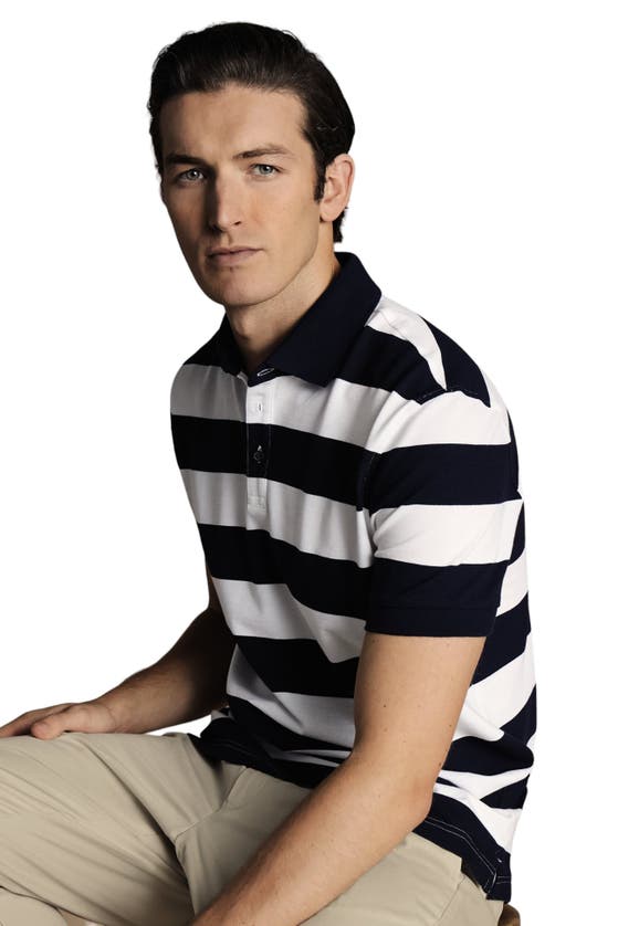 Shop Charles Tyrwhitt Solid Short Sleeve Cotton Tyrwhitt Pique Polo In Navy & White