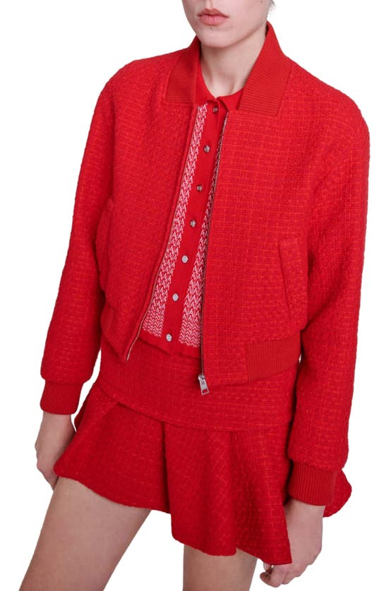 Shop Maje Bala Front Zip Tweed Jacket In Red