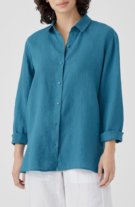 Shop Eileen Fisher Classic Long Sleeve Organic Linen Button-up Shirt In River