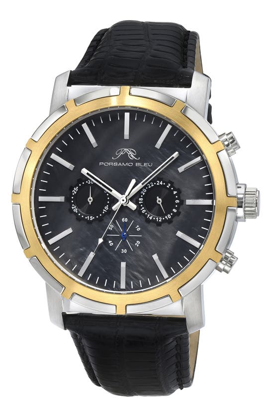 Porsamo Bleu Nyc Chronograph Embossed Leather Strap Watch, 47mm In Black