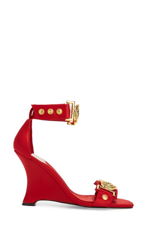 Shop Jeffrey Campbell Leonite Wedge Sandal In Red Satin Gold