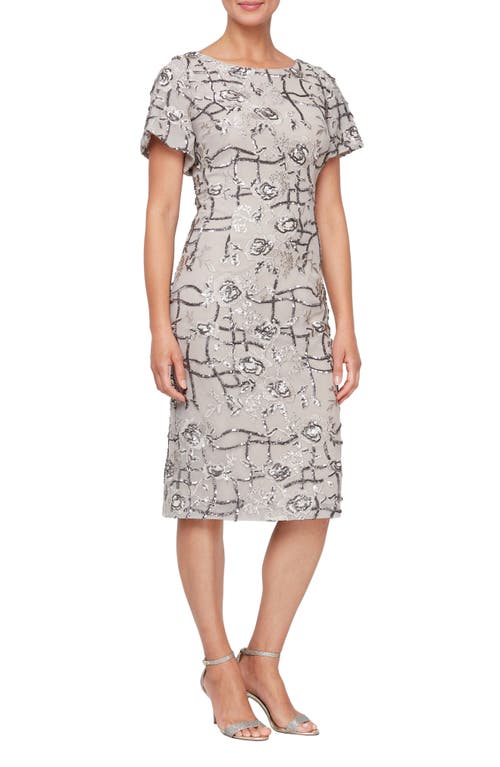 Alex Evenings Embroidered Sheath Dress in Taupe Grey
