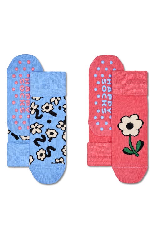 Happy Socks Kids' Flower Assorted 2-Pack Gripper Crew Socks in Light Blue at Nordstrom, Size 2-3