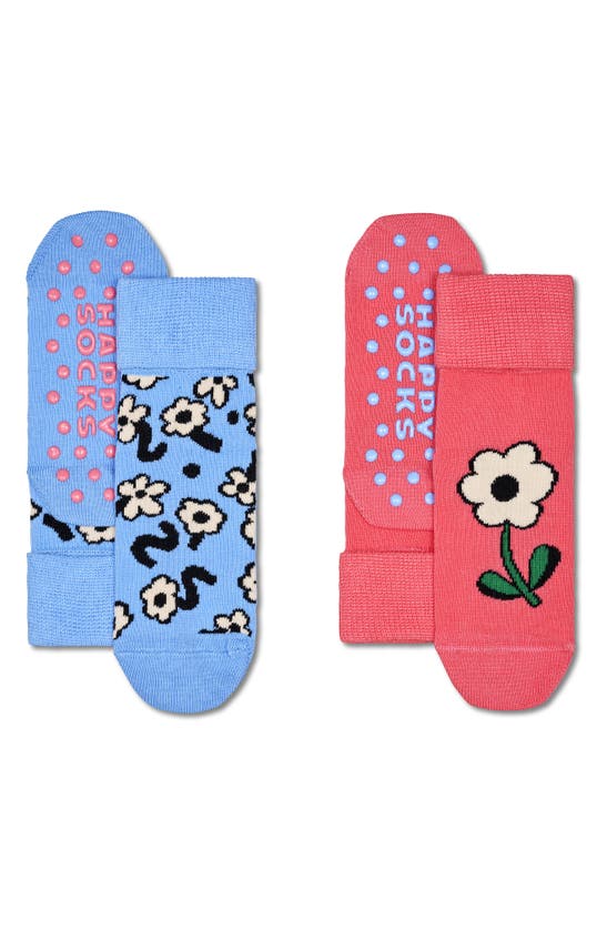 Happy Socks Kids' Flower Assorted 2-pack Gripper Crew Socks In Light Blue