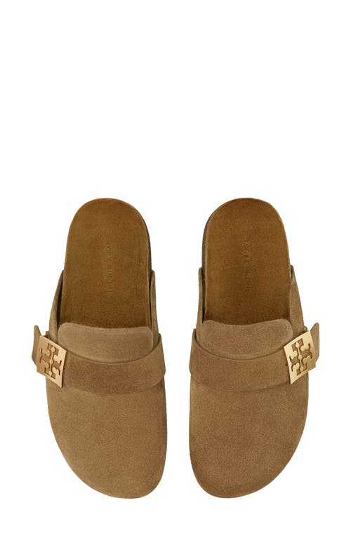 Tory Burch Mellow Logo Shearling Flat Mules In River Rock/gold