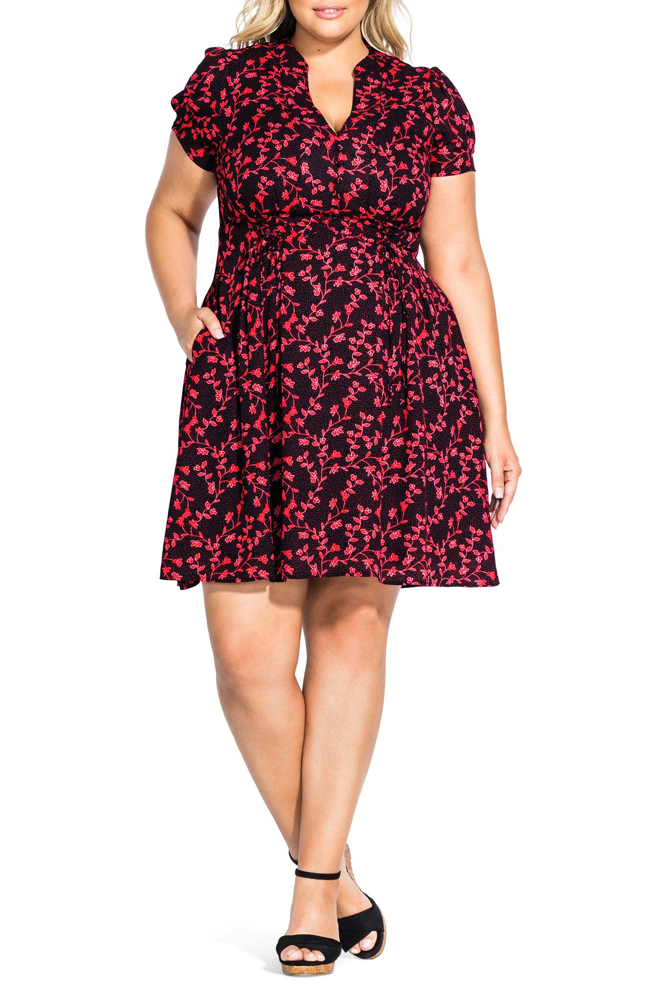 Plus Size City Chic Love Vine Button Up Short Sleeve Dress, Black
