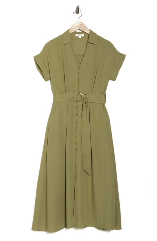 Shop August Sky Short Sleeve Belted Midi Shirtdress In Olive
