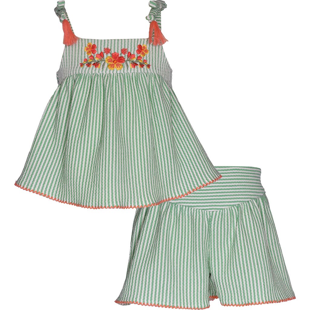 Bonnie Jean Embroidered Seersucker Top & Shorts Set In Green