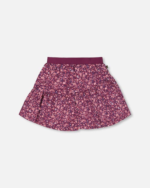 Shop Deux Par Deux Little Girl's Asymmetric Ruffle Skirt Burgundy Printed Little Flowers In Mini Flowers On Burgundy